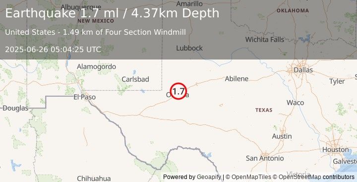 Earthquake 6 km SE of Gardendale, Texas (1.7 ml) (2025-06-26 05:04:25 UTC)