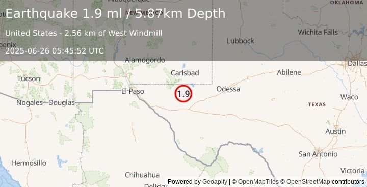 Earthquake 57 km S of Whites City, New Mexico (1.8 ml) (2025-06-26 05:45:53 UTC)