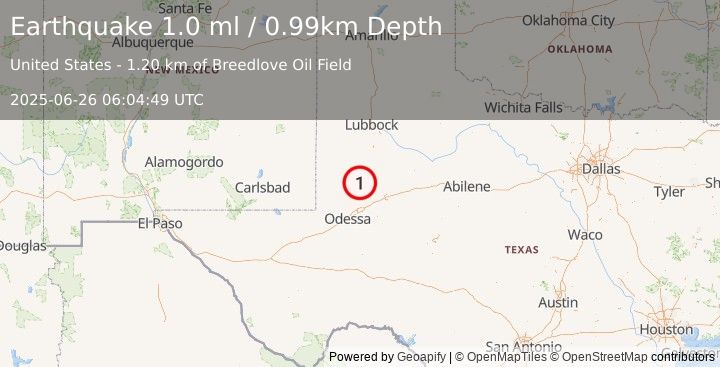 Earthquake 29 km SW of Los Ybanez, Texas (1.0 ml) (2025-06-26 06:04:49 UTC)