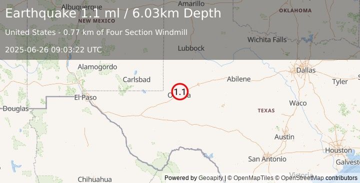 Earthquake 6 km SE of Gardendale, Texas (1.1 ml) (2025-06-26 09:03:22 UTC)