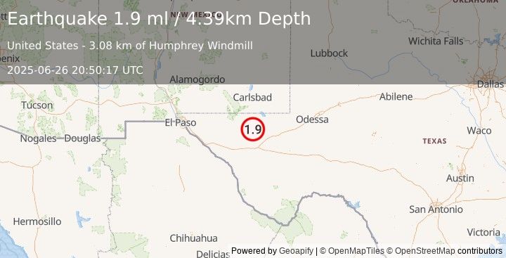 Earthquake 50 km NW of Toyah, Texas (1.9 ml) (2025-06-26 20:50:17 UTC)