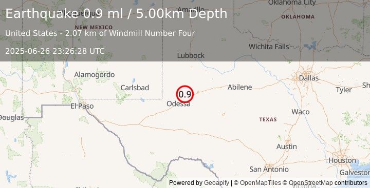 Earthquake 21 km N of Midland, Texas (0.9 ml) (2025-06-26 23:26:28 UTC)