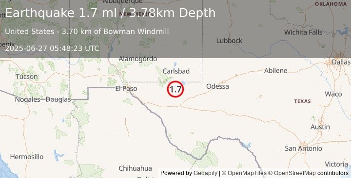 Earthquake 50 km SSE of Whites City, New Mexico (1.7 ml) (2025-06-27 05:48:23 UTC)