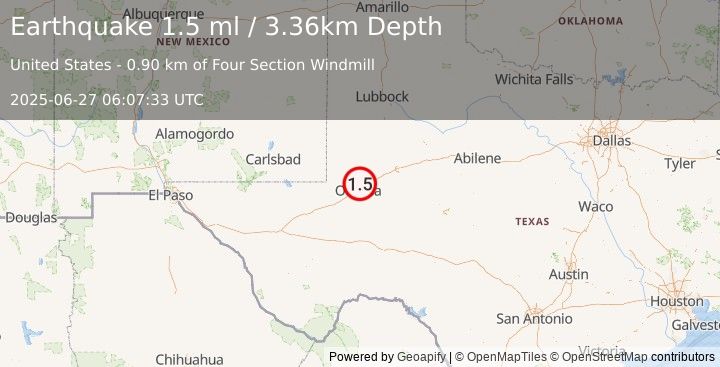 Earthquake 7 km SE of Gardendale, Texas (1.5 ml) (2025-06-27 06:07:33 UTC)
