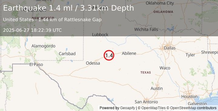 Earthquake 9 km E of Coahoma, Texas (1.4 ml) (2025-06-27 18:22:39 UTC)