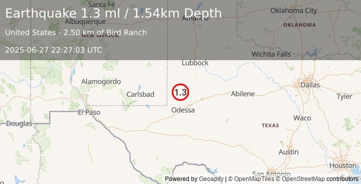 Earthquake 21 km NNE of Andrews, Texas (1.3 ml) (2025-06-27 22:27:03 UTC)