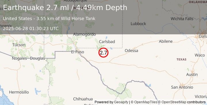 Earthquake 52 km SSW of Whites City, New Mexico (2.7 ml) (2025-06-28 01:30:23 UTC)