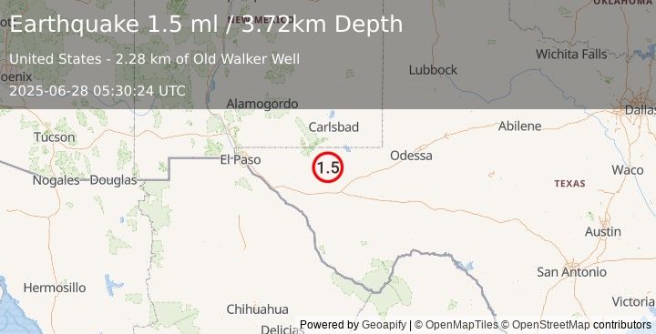 Earthquake 63 km S of Whites City, New Mexico (1.5 ml) (2025-06-28 05:30:24 UTC)