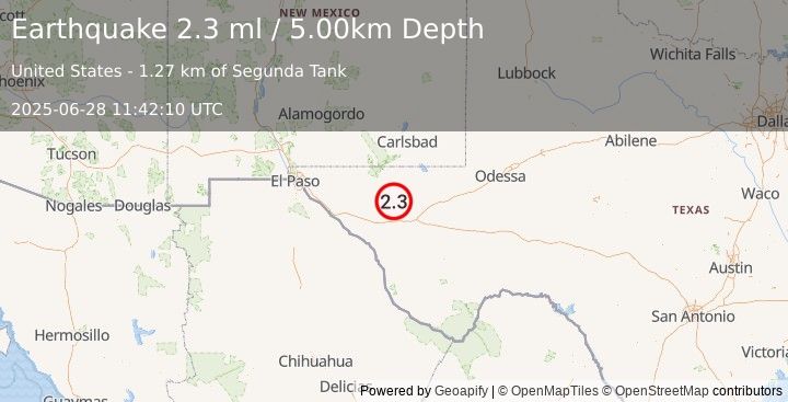 Earthquake 34 km NNW of Toyah, Texas (1.3 ml) (2025-06-28 11:42:18 UTC)