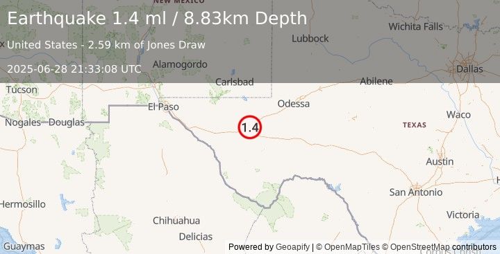 Earthquake 12 km SSE of Toyah, Texas (1.4 ml) (2025-06-28 21:33:08 UTC)