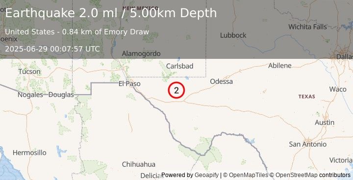 Earthquake 59 km WNW of Toyah, Texas (2.0 ml) (2025-06-29 00:07:57 UTC)