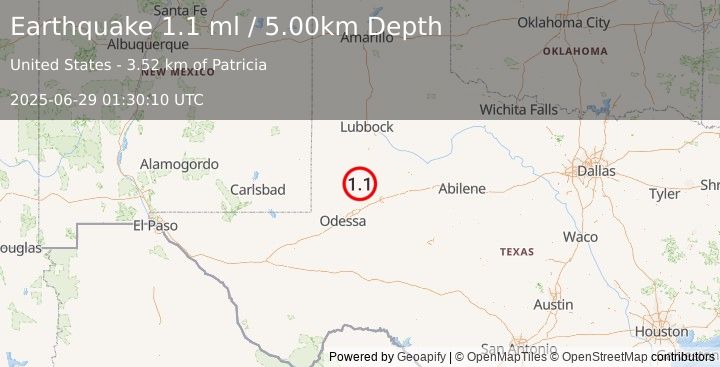 Earthquake 21 km SSW of Los Ybanez, Texas (1.1 ml) (2025-06-29 01:30:10 UTC)