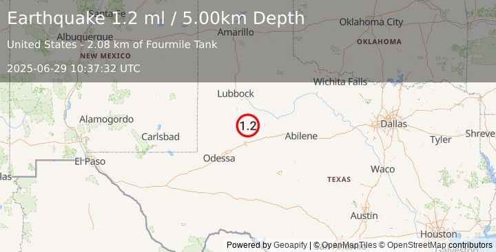 Earthquake 6 km S of Gail, Texas (1.2 ml) (2025-06-29 10:37:32 UTC)