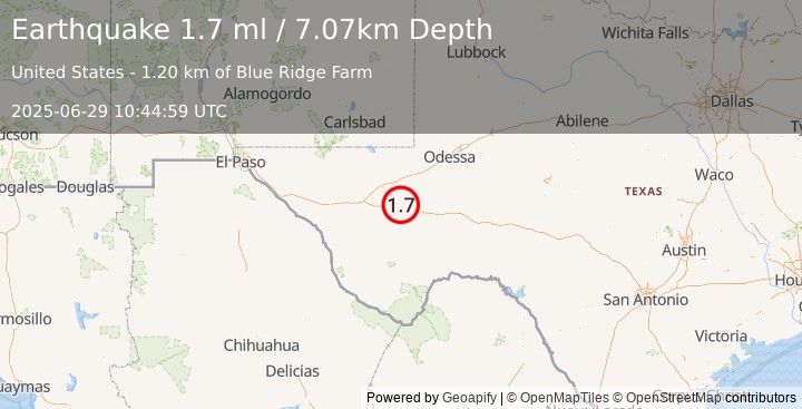 Earthquake 33 km SW of Coyanosa, Texas (1.7 ml) (2025-06-29 10:44:59 UTC)