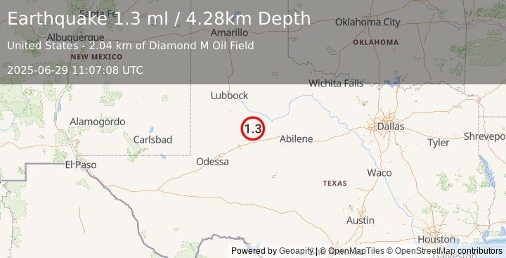 Earthquake 17 km W of Snyder, Texas (1.3 ml) (2025-06-29 11:07:08 UTC)