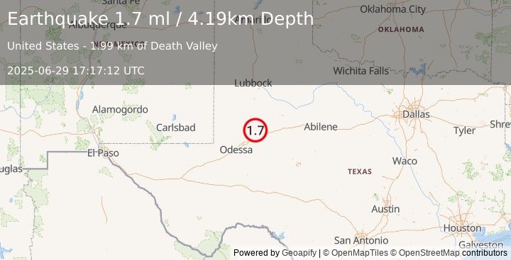 Earthquake 19 km SSW of Ackerly, Texas (1.7 ml) (2025-06-29 17:17:12 UTC)