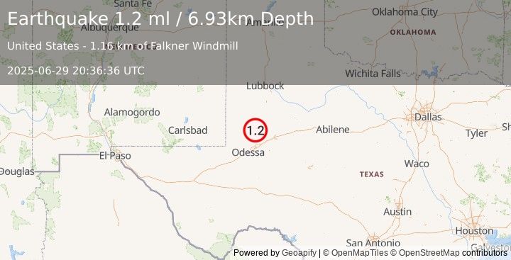 Earthquake 38 km SSW of Los Ybanez, Texas (1.2 ml) (2025-06-29 20:36:36 UTC)