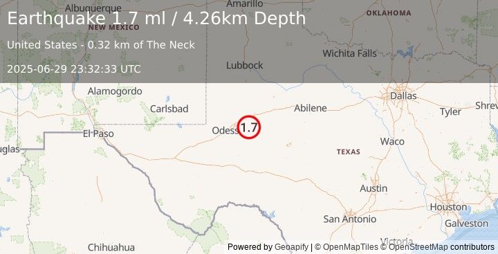 Earthquake 22 km WNW of Garden City, Texas (1.7 ml) (2025-06-29 23:32:33 UTC)
