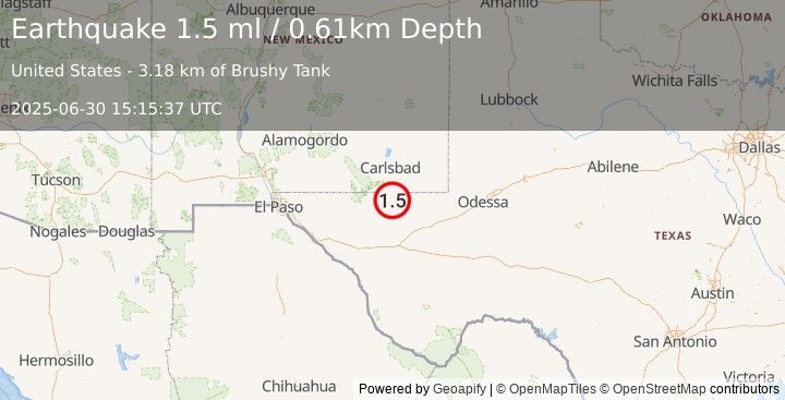 Earthquake 37 km SSE of Whites City, New Mexico (1.5 ml) (2025-06-30 15:15:37 UTC)