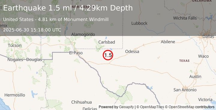 Earthquake 46 km NW of Toyah, Texas (1.5 ml) (2025-06-30 15:18:00 UTC)