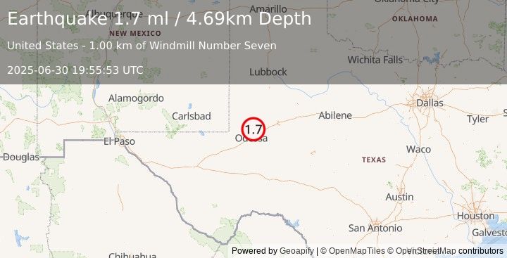 Earthquake 10 km NE of Gardendale, Texas (1.7 ml) (2025-06-30 19:55:53 UTC)