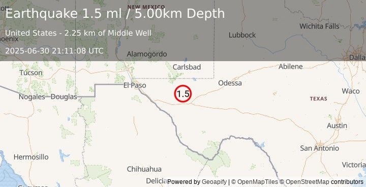 Earthquake 59 km WNW of Toyah, Texas (1.5 ml) (2025-06-30 21:11:08 UTC)