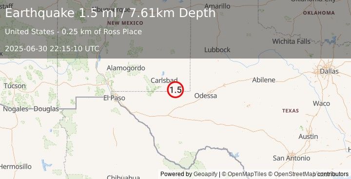 Earthquake 36 km ESE of Malaga, New Mexico (1.5 ml) (2025-06-30 22:15:10 UTC)