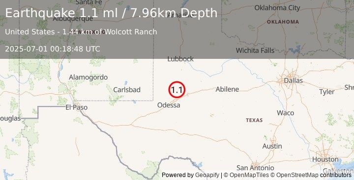 Earthquake 29 km WSW of Ackerly, Texas (1.1 ml) (2025-07-01 00:18:48 UTC)