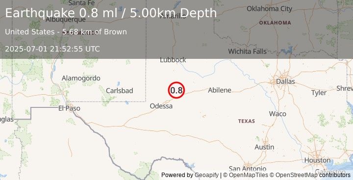 Earthquake 9 km SSE of Ackerly, Texas (0.8 ml) (2025-07-01 21:52:55 UTC)