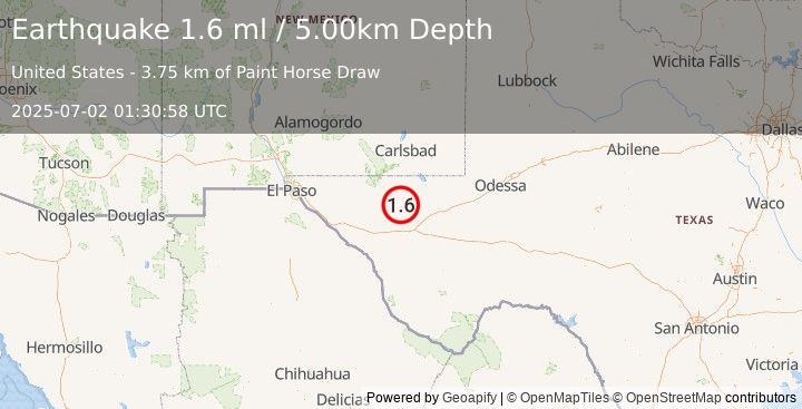 Earthquake 55 km WNW of Toyah, Texas (1.6 ml) (2025-07-02 01:30:58 UTC)