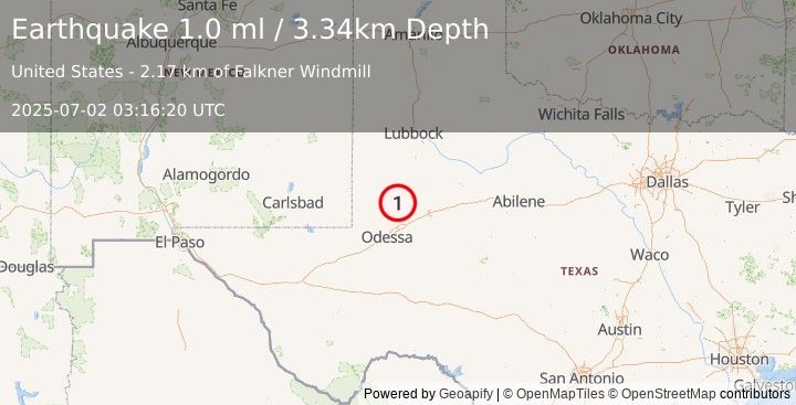 Earthquake 38 km ENE of McKinney Acres, Texas (1.0 ml) (2025-07-02 03:16:20 UTC)