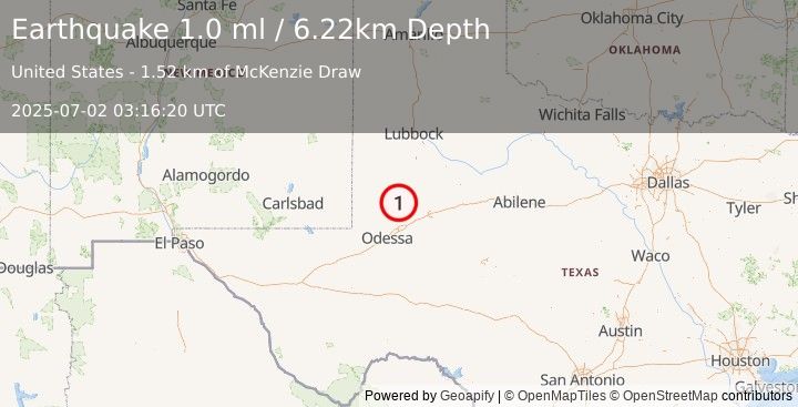 Earthquake 38 km SSW of Los Ybanez, Texas (1.0 ml) (2025-07-02 03:16:20 UTC)