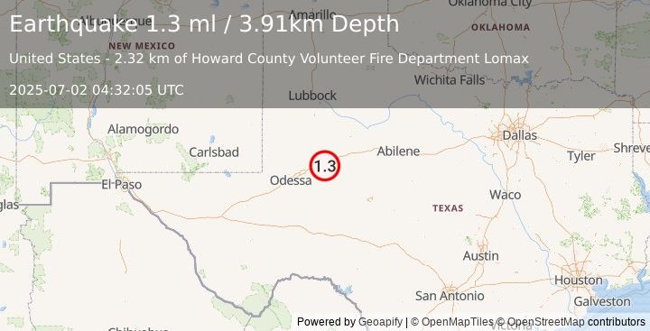 Earthquake 13 km SSW of Big Spring, Texas (1.3 ml) (2025-07-02 04:32:06 UTC)