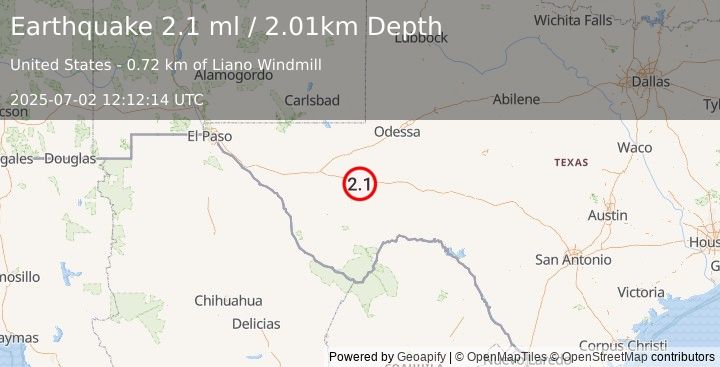 Earthquake 29 km W of Fort Stockton, Texas (2.1 ml) (2025-07-02 12:12:14 UTC)