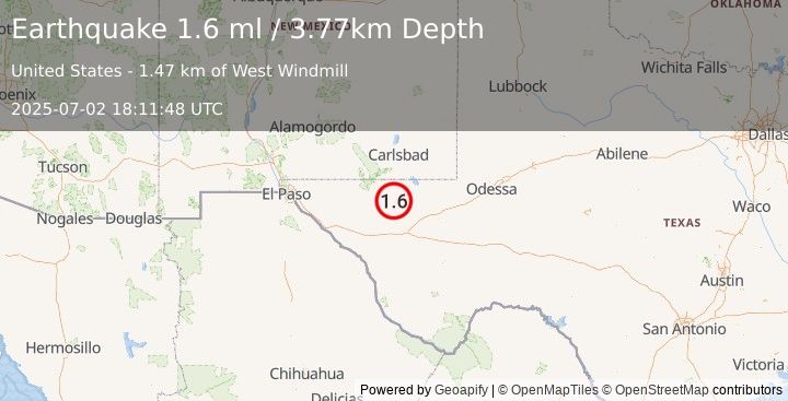 Earthquake 59 km S of Whites City, New Mexico (1.6 ml) (2025-07-02 18:11:48 UTC)