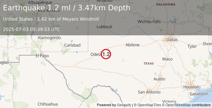 Earthquake 23 km W of Garden City, Texas (1.2 ml) (2025-07-03 05:39:53 UTC)