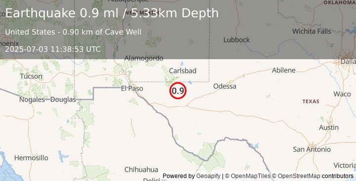 Earthquake 56 km S of Whites City, New Mexico (0.9 ml) (2025-07-03 11:38:53 UTC)