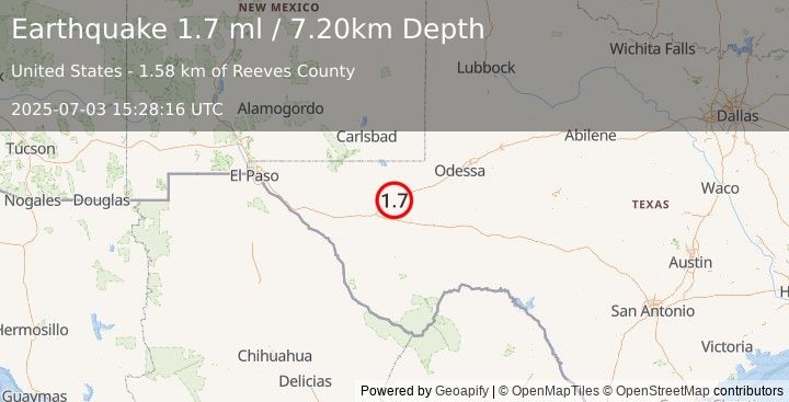 Earthquake 11 km E of Toyah, Texas (1.8 ml) (2025-07-03 15:28:15 UTC)