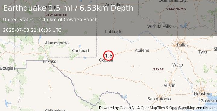 Earthquake 17 km NW of Midland, Texas (1.5 ml) (2025-07-03 21:16:05 UTC)