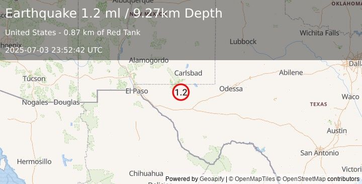 Earthquake 53 km SSW of Whites City, New Mexico (1.2 ml) (2025-07-03 23:52:42 UTC)