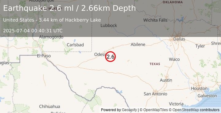 Earthquake 27 km SW of Garden City, Texas (2.6 ml) (2025-07-04 00:40:31 UTC)