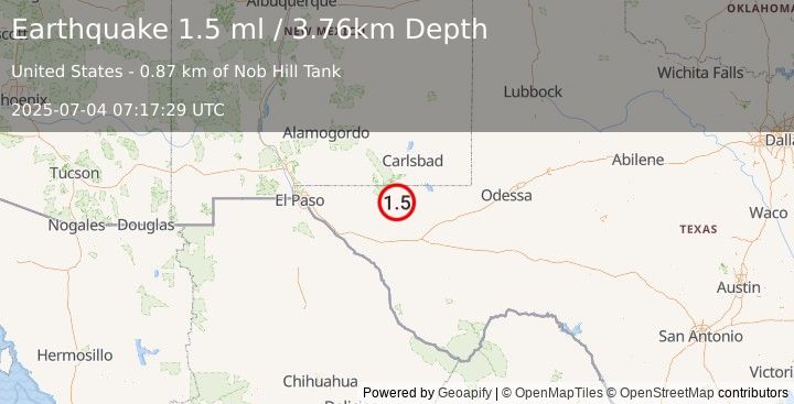 Earthquake 52 km SSW of Whites City, New Mexico (1.5 ml) (2025-07-04 07:17:29 UTC)
