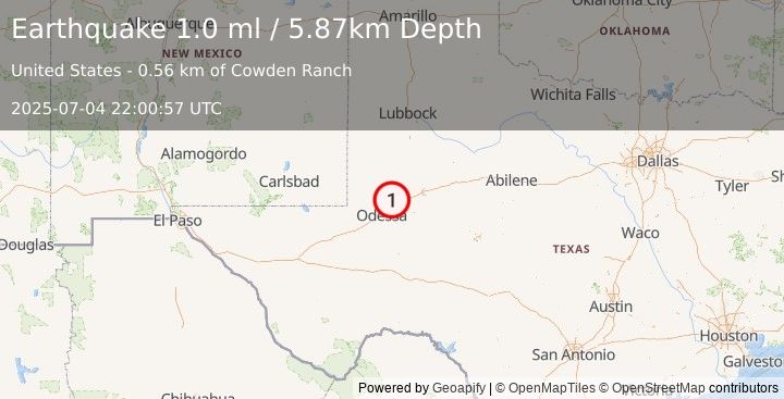 Earthquake 14 km NNW of Midland, Texas (1.0 ml) (2025-07-04 22:00:57 UTC)