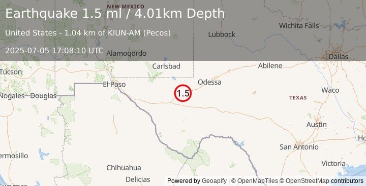 Earthquake 2 km WNW of Pecos, Texas (1.5 ml) (2025-07-05 17:08:10 UTC)