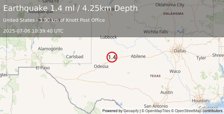 Earthquake 17 km SE of Ackerly, Texas (1.4 ml) (2025-07-06 10:39:40 UTC)