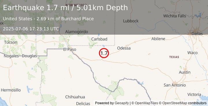 Earthquake 24 km NNW of Toyah, Texas (1.7 ml) (2025-07-06 17:23:13 UTC)