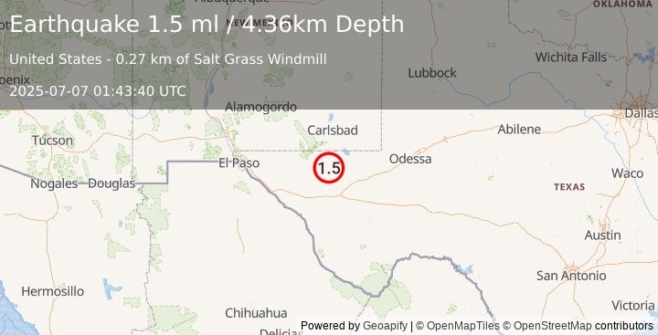 Earthquake 57 km S of Whites City, New Mexico (1.5 ml) (2025-07-07 01:43:40 UTC)