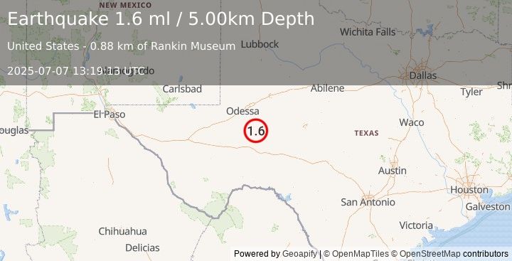 Earthquake 11 km N of Rankin, Texas (1.6 ml) (2025-07-07 13:19:13 UTC)