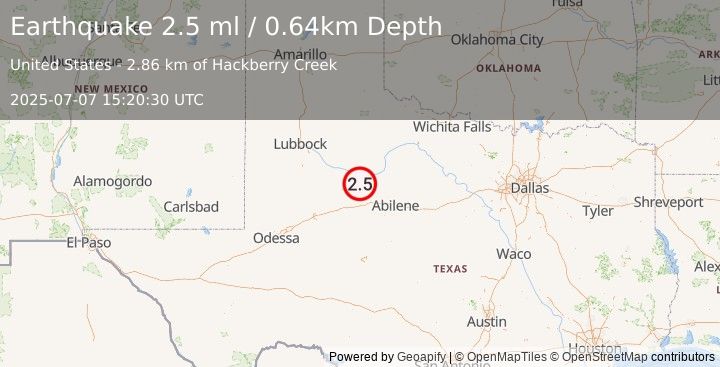 Earthquake 5 km W of Rotan, Texas (2.5 ml) (2025-07-07 15:20:30 UTC)