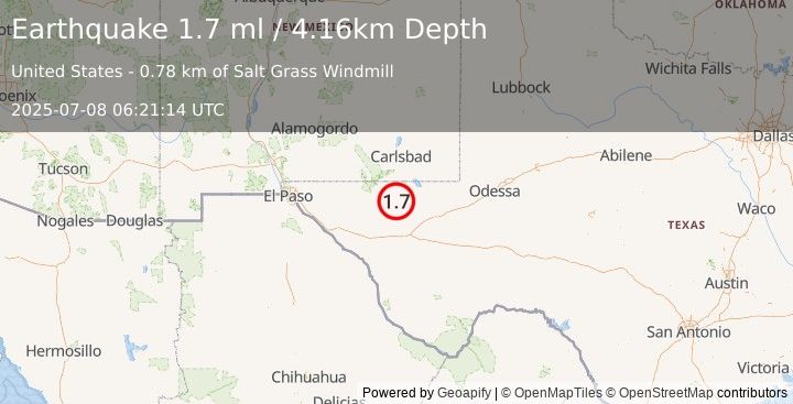 Earthquake 58 km S of Whites City, New Mexico (1.7 ml) (2025-07-08 06:21:14 UTC)